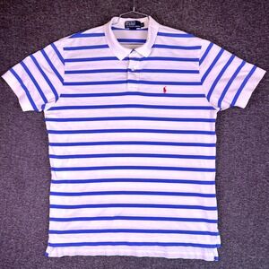 VTG Polo Ralph Lauren Shirt Men XL Striped Short Sleeve Red Pony Logo White Blue